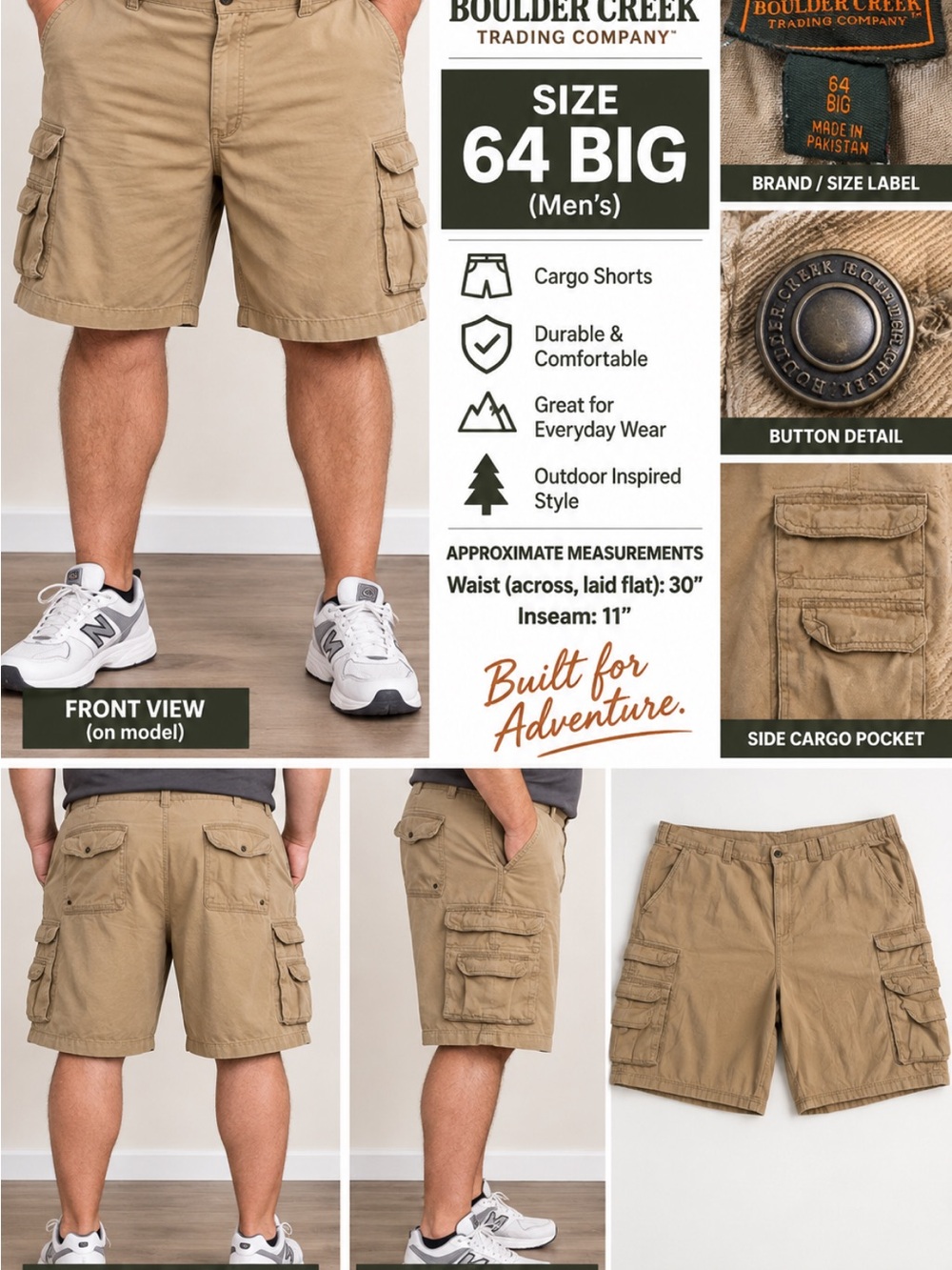 Boulder Creek Men's Cargo Shorts — Khaki Utility Style Size 64